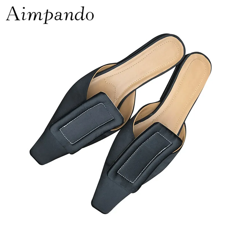 

The Newest Satin Mules Concise Square Toe Shallow Slingback Slides Luxury Silk Square Buckle Slippers Chaussures Femme