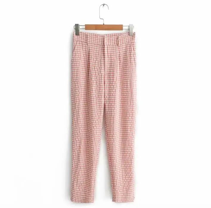 2019 Summer Women High Waist Pink Plaid 