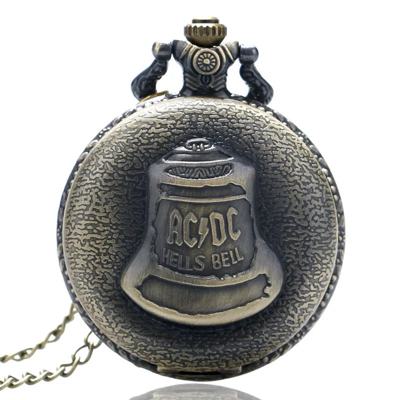 Bronze Hells Bell ACDC узор кварцевые карманные часы унисекс чехол из нержавеющей стали арабские цифры белый циферблат ожерелье цепочка подарки