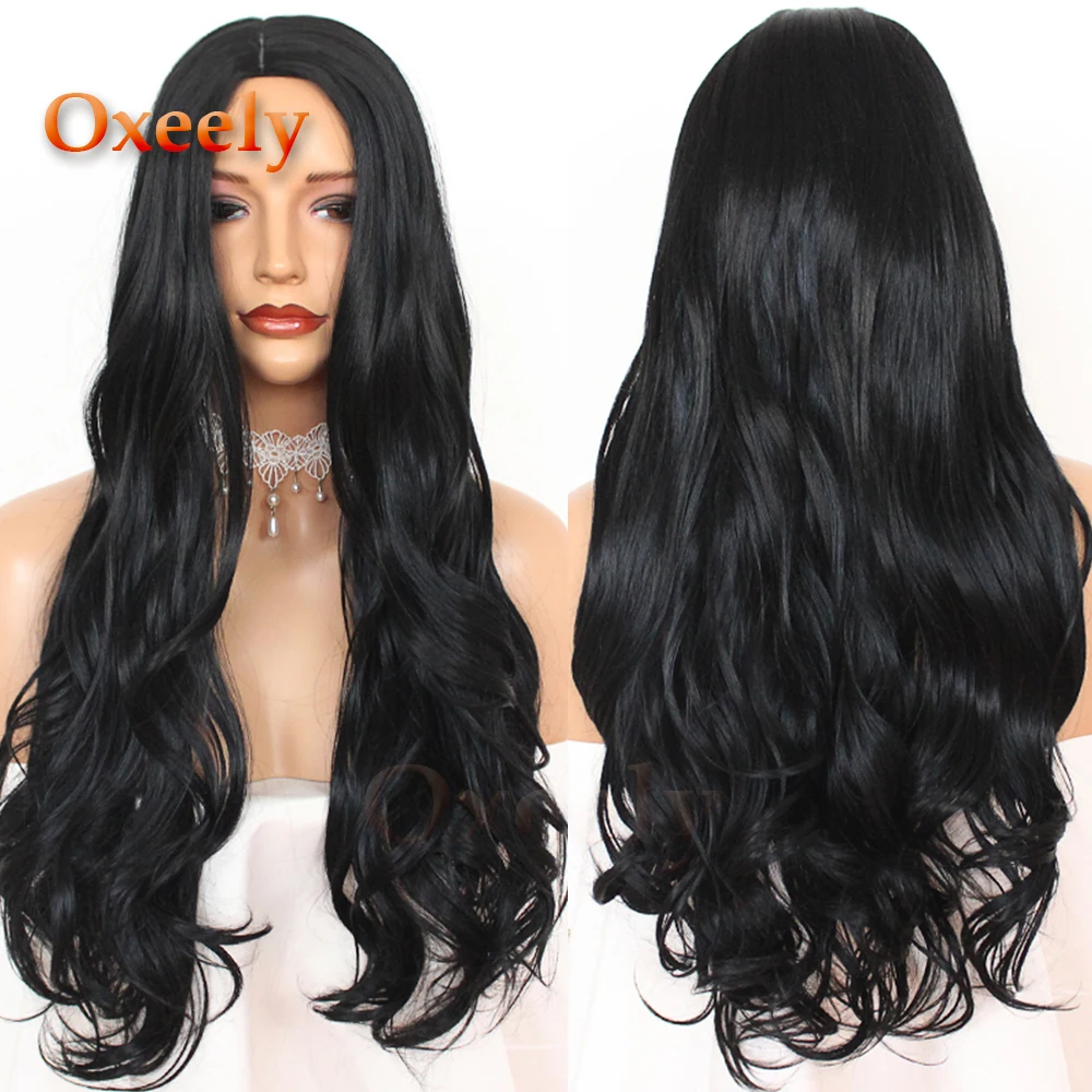 Oxeely Black Long Body Wave Synthetic Hair Full Wigs Natural Long