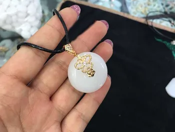 

Natural white jade clasp Peace pendant Zhengpin gold necklace pendant
