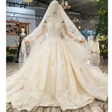 HS BRIDAL Satin Empire wedding dress Long Sleeve Luxury Crystal Wedding Gown vestido de noiva 2018 with crystal lace veil