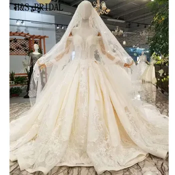 شراءH & S BRIDAL ستان الإمبراطورية فستان الزفاف كم طويل فاخر كريستال ثوب زفاف Vestido De Noiva 2020 مع كريستال الدانتيل الحجاب