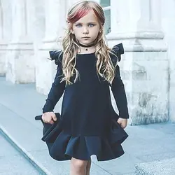 Новое осеннее платье для маленьких девочек Детские однотонные платья с принтом хлопковый сарафан принцессы с расклешенными рукавами