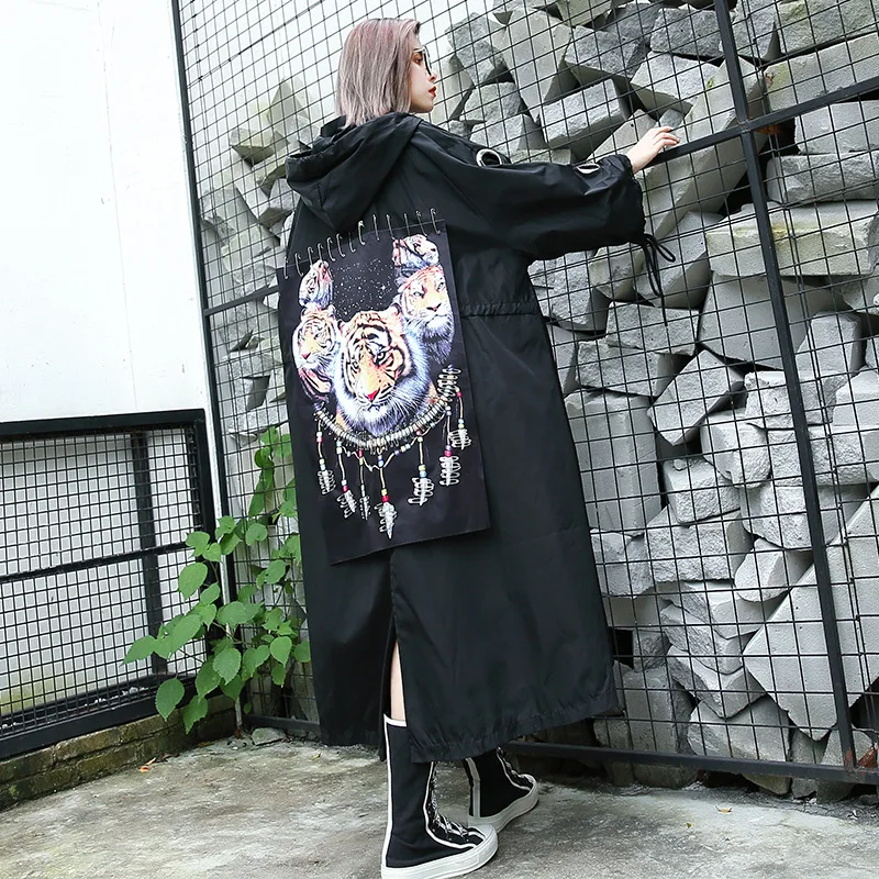 

Women Oversized Streetwear Punk Gothic Hip Hop Long Trench Coat Female Metal Ring Pin Splice Loose Hooded Windbreaker Cloak Robe