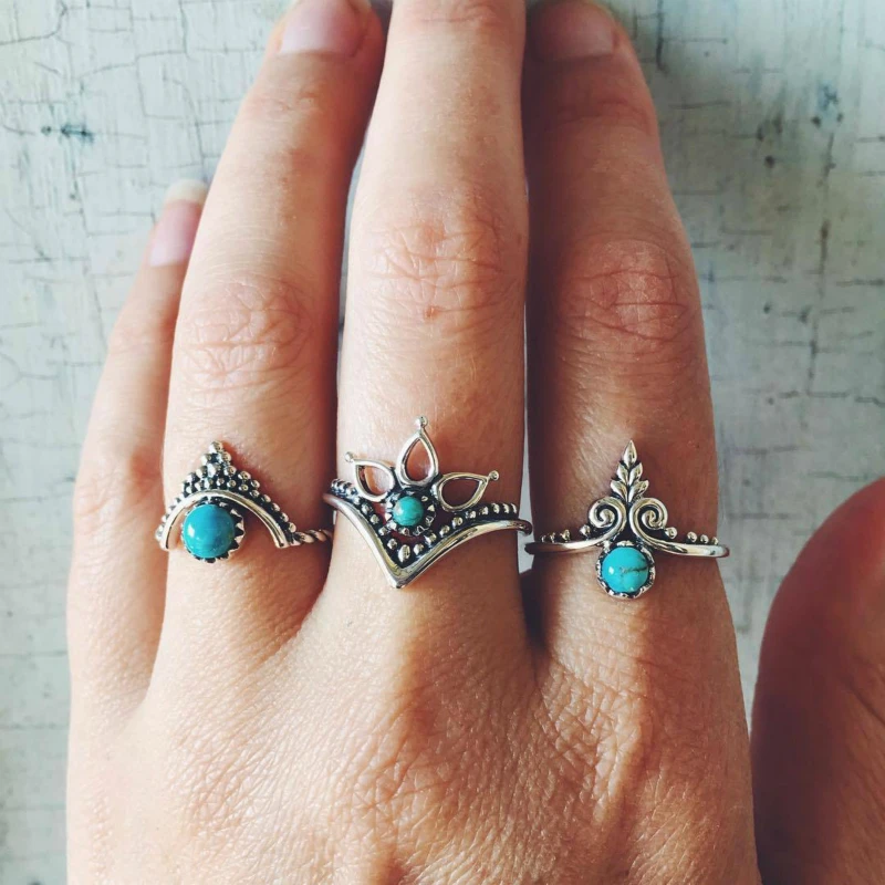 

Bohemian retro style simple fashion personality exquisite stone ancient silver women's ring combination set net red jewelry