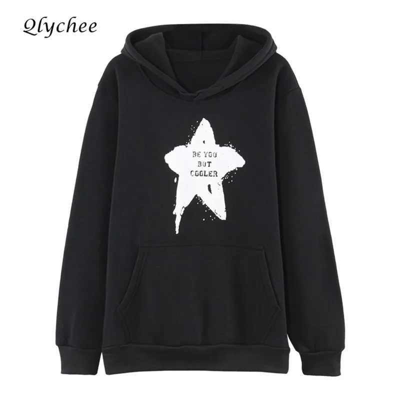 Qlychee Star Letter Print Hooded Sweatshirt Long Sleeve