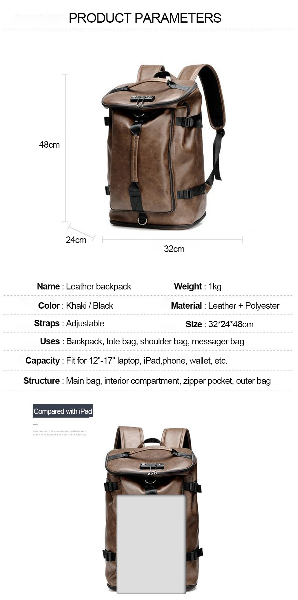 Fashion Backpacks Anti Theft Backpack PU Leather Laptop 17 Inch 15.6 Back Packs Casual Men Women Bags USB Charging Style Bagpack (6)