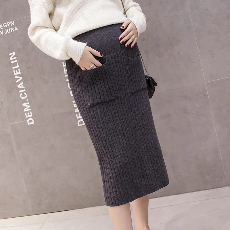 

BONJEAN New Autumn Winter Fashion Maternity Stomach Lift Skirts Woolen Knitted Stretch A Line Skirts Bottom For Pregnant Women