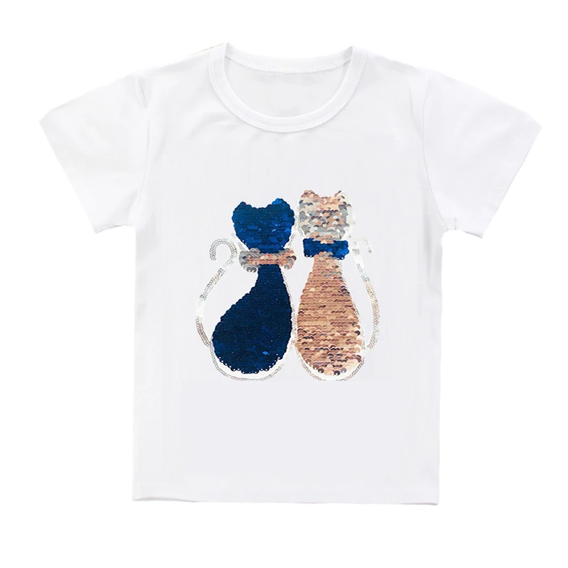 Double Sided Sequin Flash Glitter T-Shirts For Girls Sequins T Shirt Girls Cartoon Cat Kids Tshirt Summer Teen Clothes For Girls