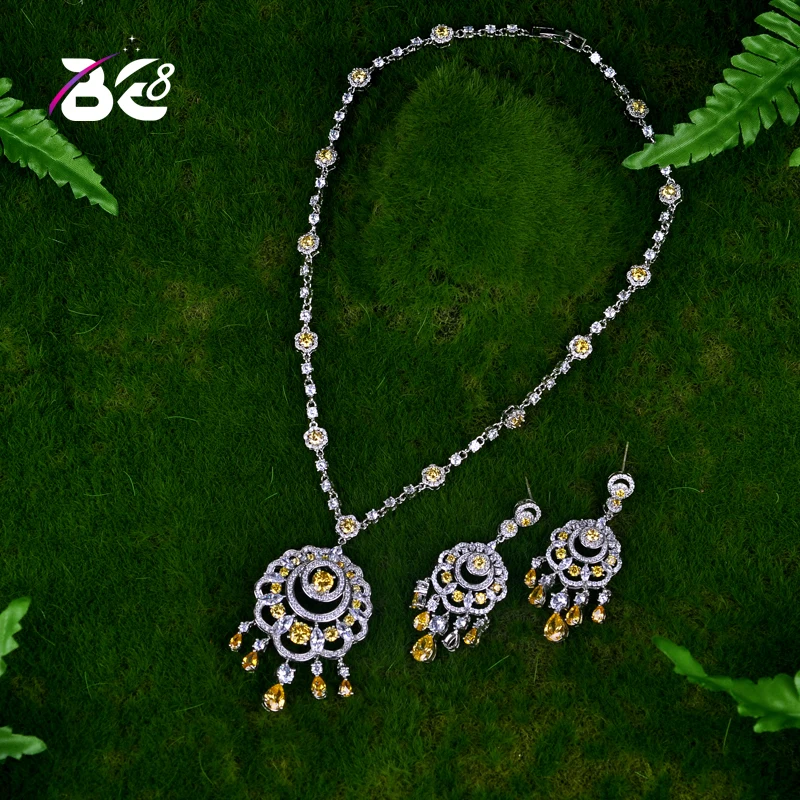 

Be 8 High Quality Big Flower Shape Women Bridal Jewelry Set Yellow Rhinestone Necklace Set for Female Gifts African Jewelry S053