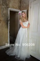 2016 на заказ великолепная платье-линии свадебное платье с коротким рукавом суд поезд империи длиной до пола ручной аппликации свадебные