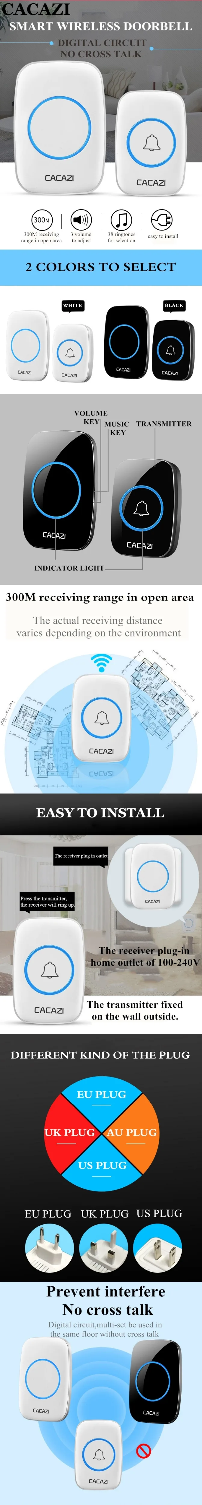 CACAZI черный водонепроницаемый беспроводной дверной звонок 300 м дистанционный звонок ЕС/Великобритания/США штекер светодиодный дверной звонок колокольчик 220 В 1/2 кнопочные кнопки 1/2 приемники
