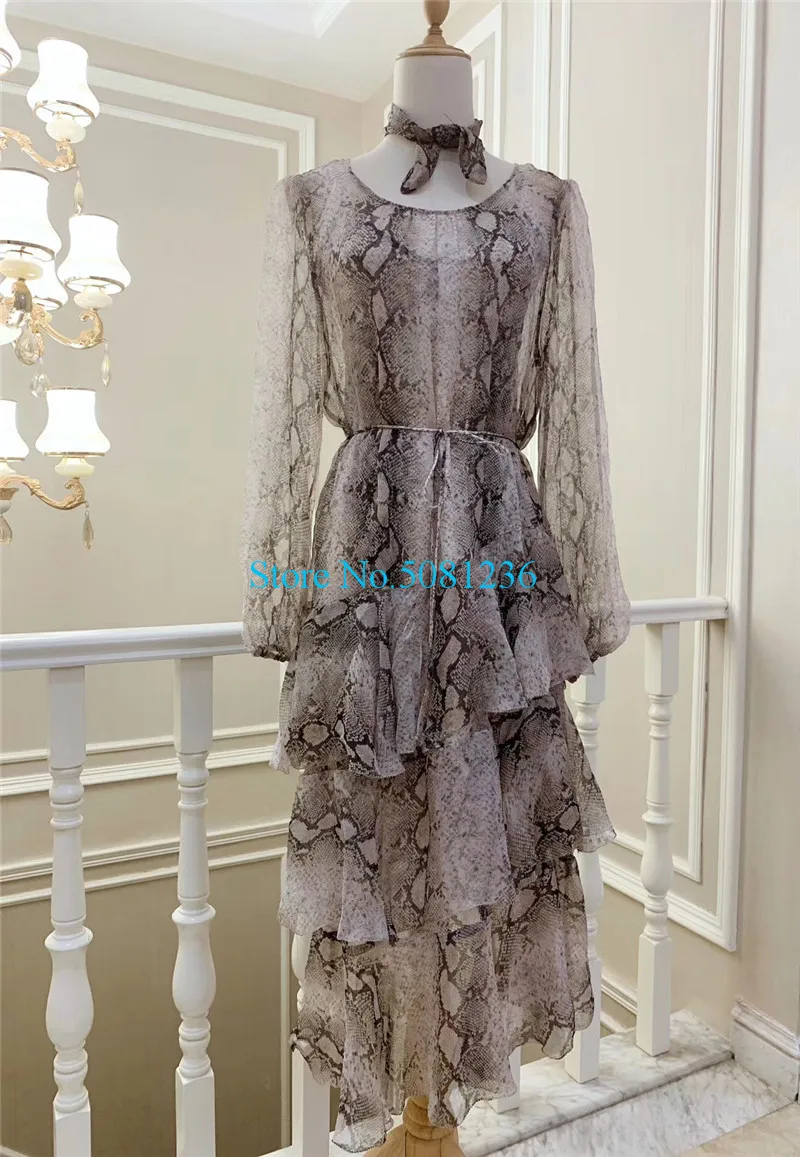 

Women Snake Print Multi-layer 100% Silk Asymmetrical Midi Dress