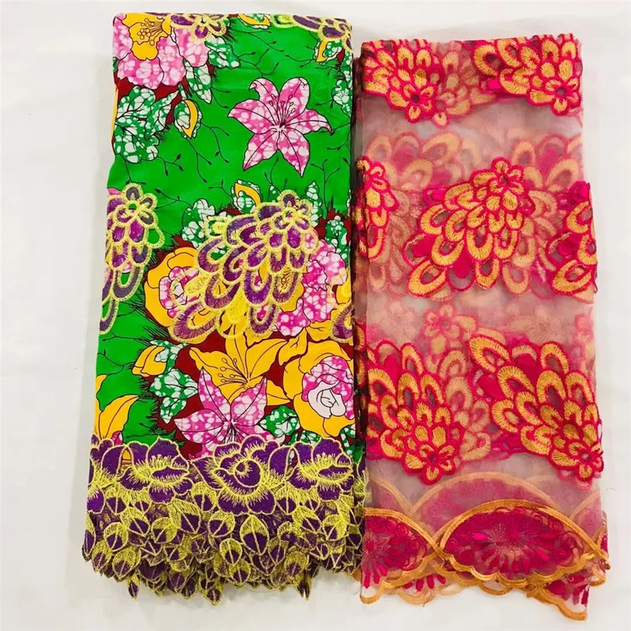

(6y+2)Latest African embroidery wax lace fabric perfect matching with 2y French net lace fabric WNL61