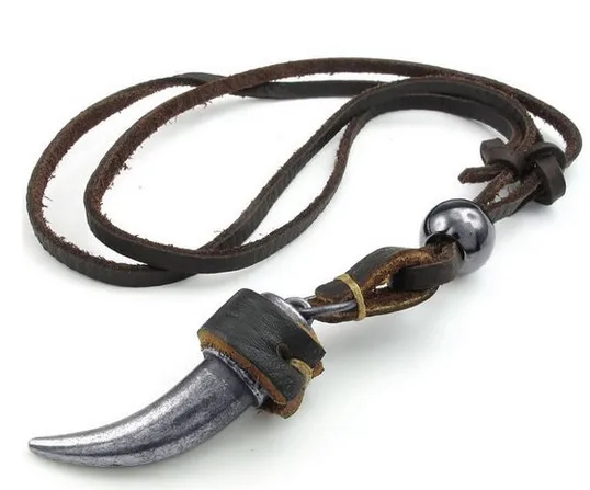 

Mens Adjustable Tribal Wolf Tooth Pendant Leather Necklace Chain Brown Silver Drop Shipping