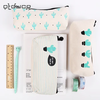

1PC Brief Style Green Cactus Canvas Large Capacity Pencil Bag Storage Pencil Case School Stationery Supplies