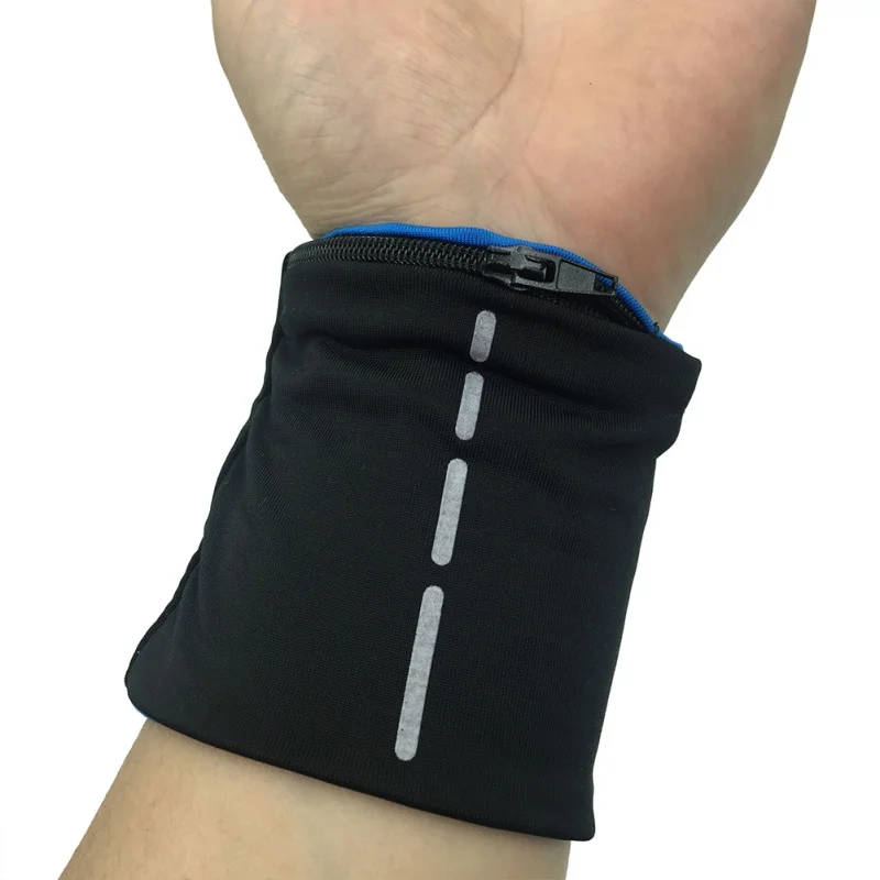 Reflective Zipper Pocket Wrist Support Wrap Straps Double Outdoor Fitness Cycling Sports Wristband Badminton Sweatband - Цвет: BL