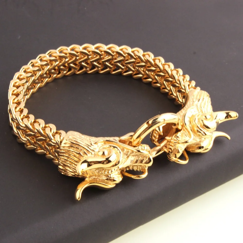 Мода Байкер ювелирные изделия тяжелый браслет цепи 316L Нержавеющая сталь золотой дракон Фигаро Для мужчин браслет 8,66 дюйма 13mmwide