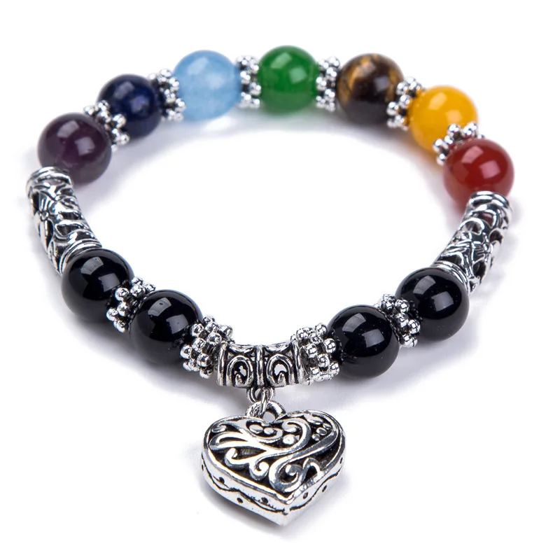 

7 Chakra Men Women Bracelets Bangles Colors Mixed Healing Crystals Stone Chakra Pray Mala Heart Charm Bracelet Jewelry 2019