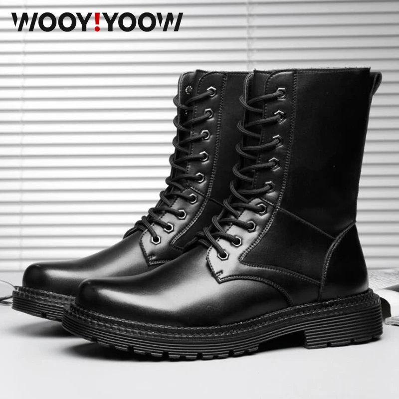 

Men's Genuine Leather Motorcycle Boots Military boots Autumn and winter snow army waterproof boots Fashion Martin Mid-boots