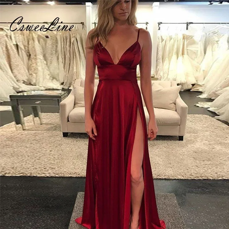 

High waist evening party dress women summer satin robe femme v neck red green black slit sexy club long maxi dresses vestidos