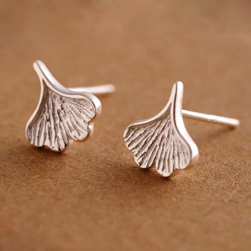 Brief Design Ginkgo Leaves Earring Real 925 Sterling Silver Stud