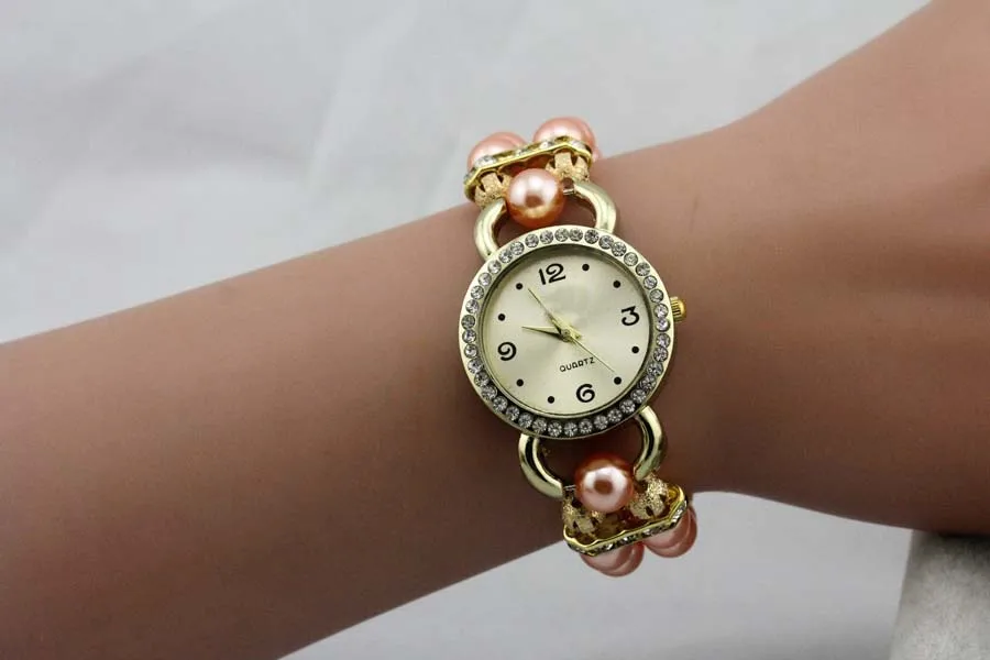 Shsby новые женские Стразы Кварцевые аналоговые наручные часы-браслет дамские нарядные часы с Разноцветный жемчуг