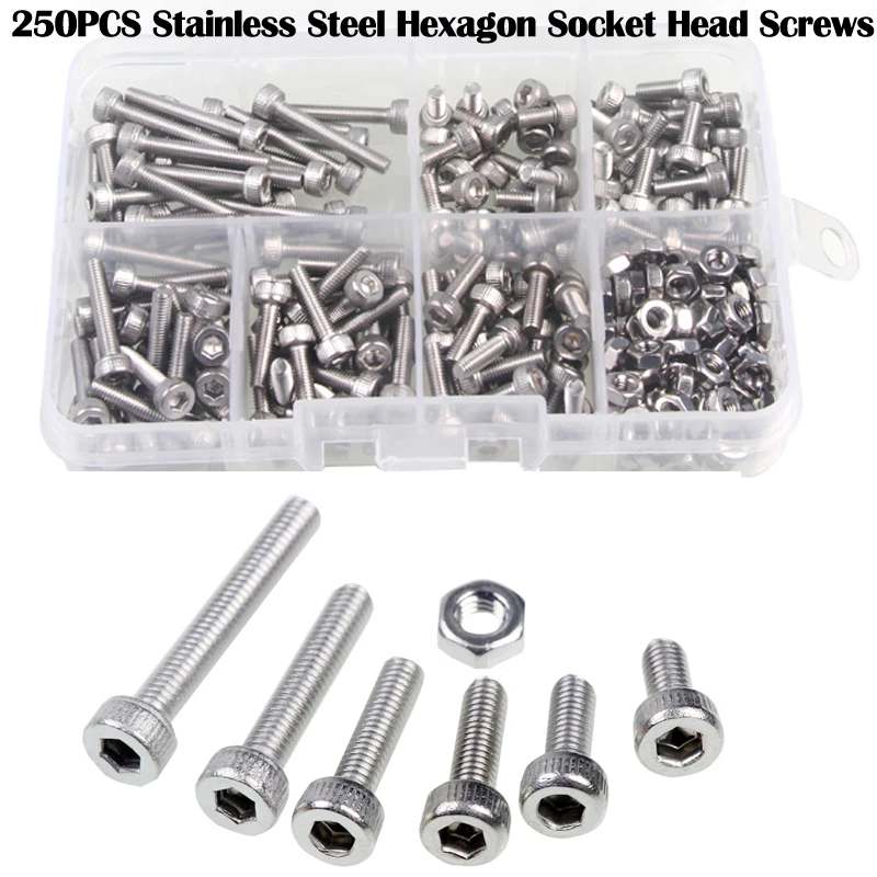 250pcs M3 Stainless Steel Hexagon Socket Head Screws & Nuts 0.5(Pitch) Set Durable Repair Tools