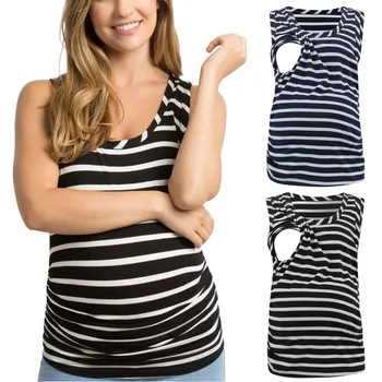 

Women Pregnant Nusring Maternity O-Neck Sleeveless Tops Stripe Clothes Blouse