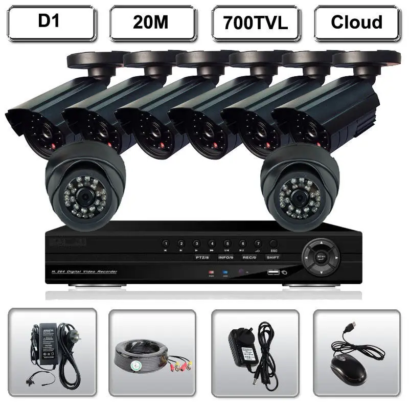 

HOME 8CH D1 CCTV System Security DVR Day Night Surveillance 700TVL Camera KIT