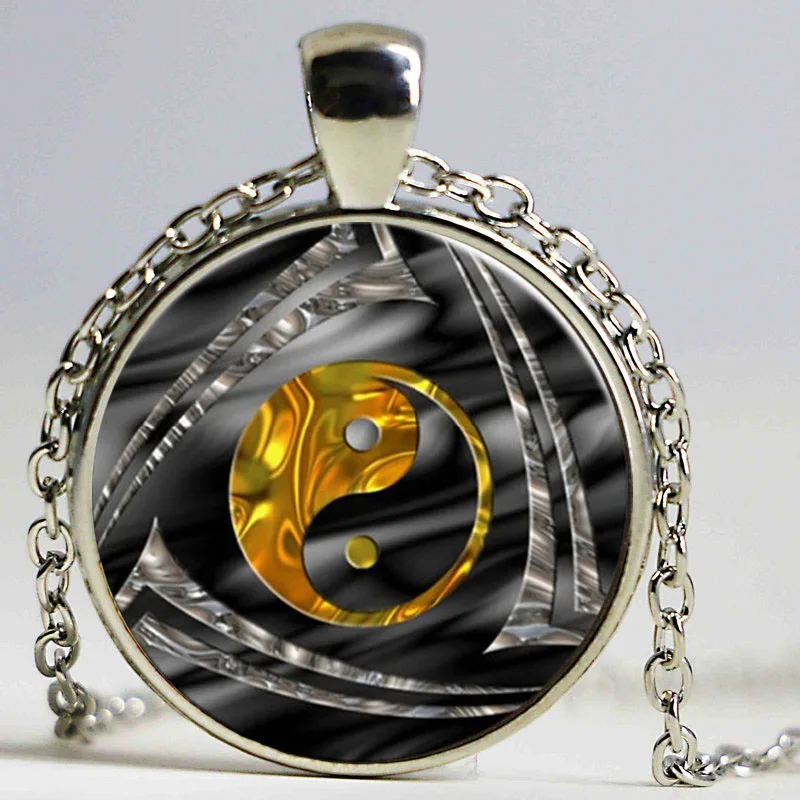 Gold Yin Yang Tai Chi Pendant Necklace Antique Bronze Chain Glass Cabochon Necklace Vintage Jewelry Gift For Women Men