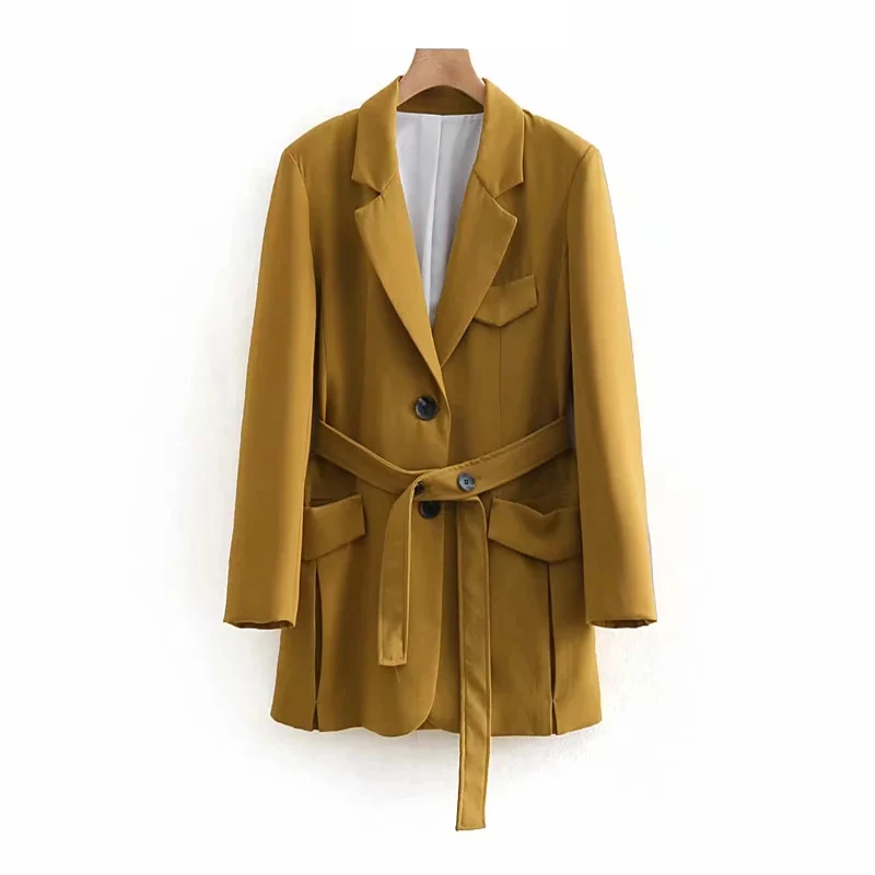 

Elegant Women Long Suits 2019 Spring-Autumn Fashion Ladies Notched Collar Blazers with Belts Twill Jackets Chic Girls Cool Tops