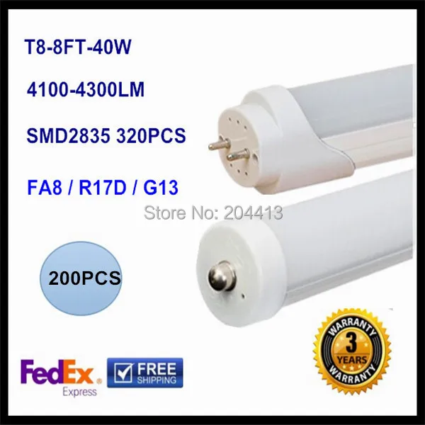 

High Brightness 40W 8ft led tube light FA8 Single Pin 8ft LED Bulb 4300lm 6000K Transparent Milky PC Cover 200pcs/lot