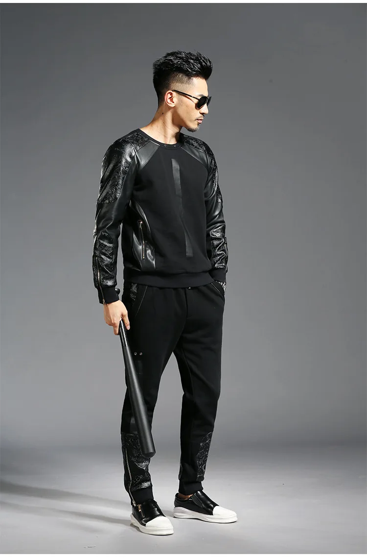 2019 Для мужчин s новый бренд зимние толстые Лоскутная PU кожаная спортивная одежда черный спортивный костюм Для мужчин комплект из двух