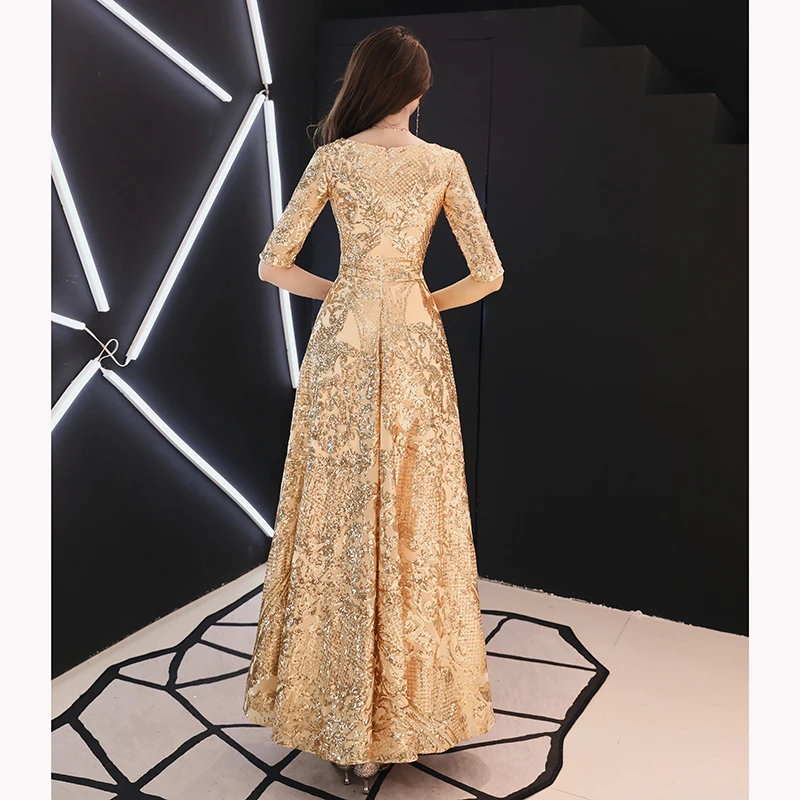 2019 Gold Wine Red Evening Dresses Long Elegant V-neck A-line Floor-Length Sequined Formal Evening Gown LF154