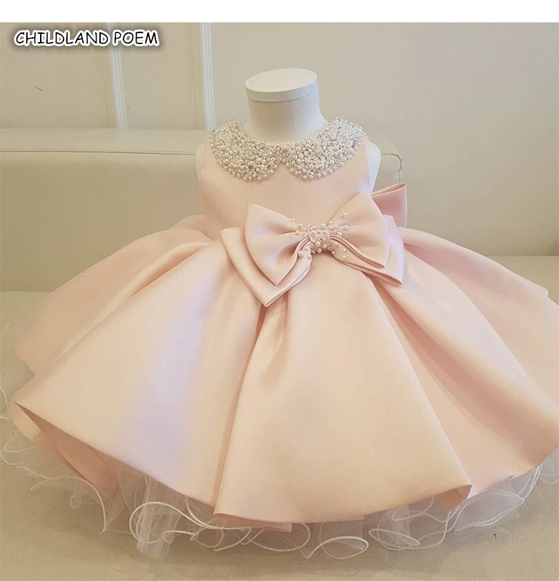 Robes De Fete Et De Mariage Pour Bebes Filles Avec Nœud Perle Robe De Princesse De Bapteme En Tulle Pour 1er Anniversaire Aliexpress