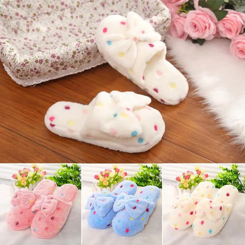 

Women Cute Dot Bowknot Coral Velvet Slippers Winter Warm Bedroom House Indoor Shoes Anti-slip Slipper