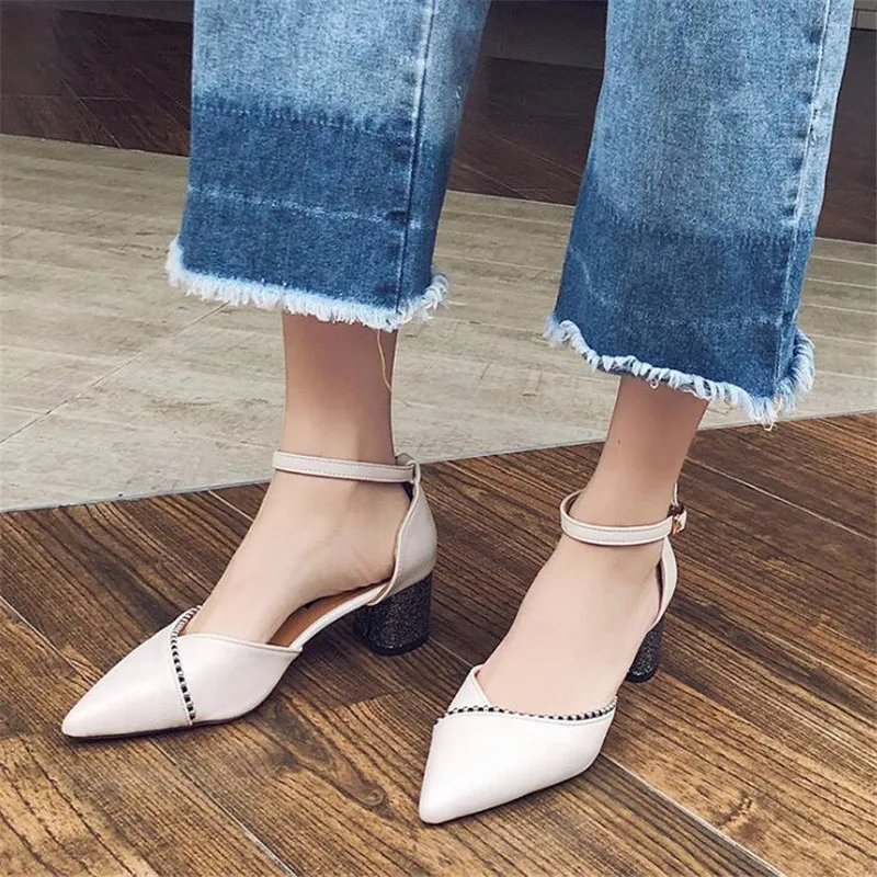 Boucle blanc Talons 2019 rose Chaussures Hauts Des Noir Sandales À De Épais Nouvelle Pointu Avec coréen Femmes 8raq8B4w