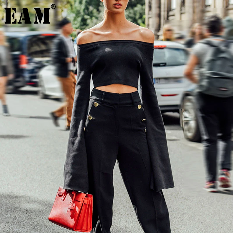 

[EAM] 2019 New Spring Slash Neck Long Flare Sleeve Black Loose Sext Short Knitting Puffover Women Fashion Tide All-match JW880