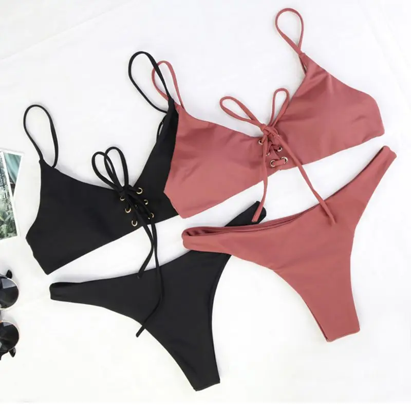 

Women Sexy Two Piece Bikini Set Deep Scoop Neck Metal Hole Criss Cross Drawstring Bandage Bra Low Waist Thong Bathing Swimsuit