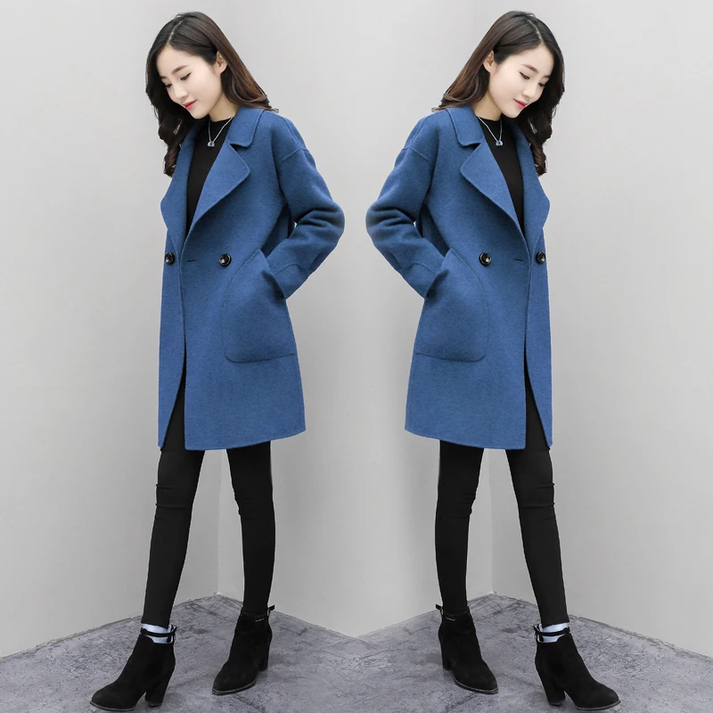 

Smoky blue woolen coat female long section Korean version 2019 new winter Hepburn wind wild thin woolen coat