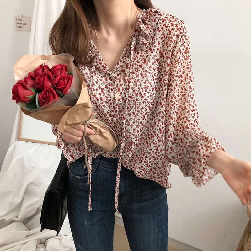 

Spring Summer Ruched Hem Flower Print Blouse Chiffon Thin Romantic Transparent Shirt Women Top Chemise Femme Chemisier Blusa Muj
