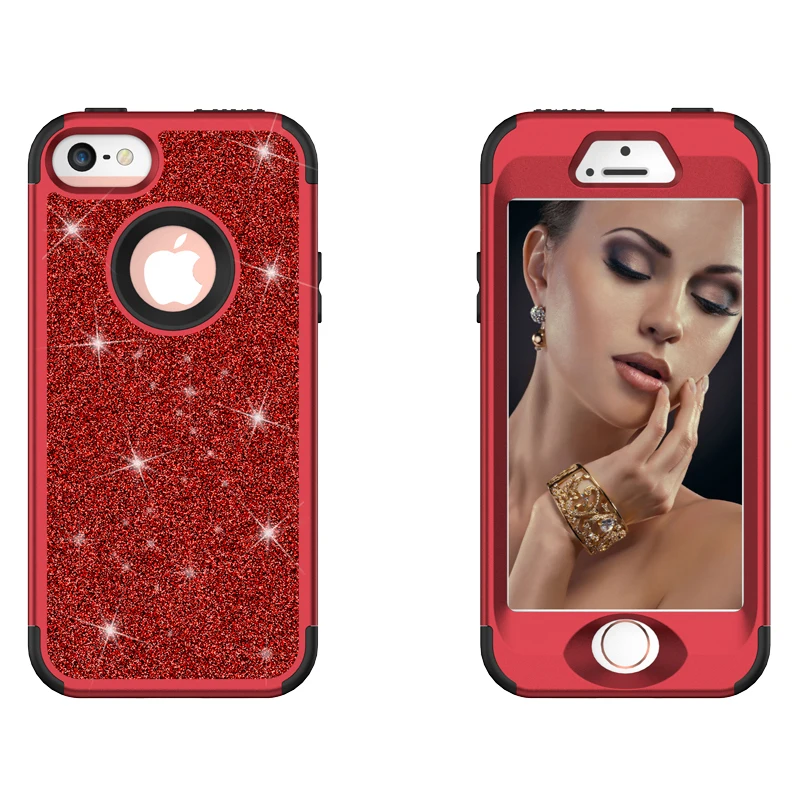 Чехол для iPhone 5 5S, роскошный блестящий противоударный блестящий чехол, мягкий силиконовый гибридный защитный чехол для телефона, для iPhone SE - Color: Red Black