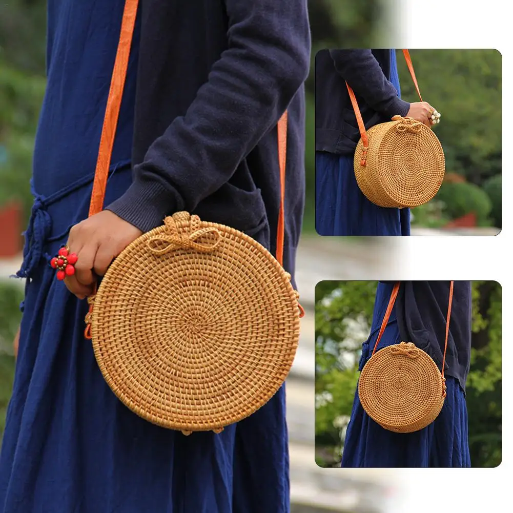 اليد-المنسوجة جولة كيس الروطان الطبيعي Crossbody حقيبة المألوف الشاطئ القش مضفر أكياس للنساء حجم 20*10 سنتيمتر