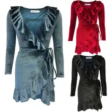 Womens Ladies Velvet Ruffled V Neck Evening Party Long Sleeve Bodycon Short Wrap Dress Womens Ladies Velvet Ruffled V Neck Evening Party Long Sleeve Bodycon Short Wrap Dress