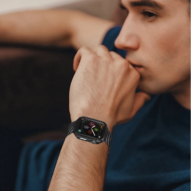 Laforuta PC чехол для Apple Watch 44 мм Группа кожа iWatch серии 4 браслет для наручных часов углерода волокно Bupmer с ремешком 42