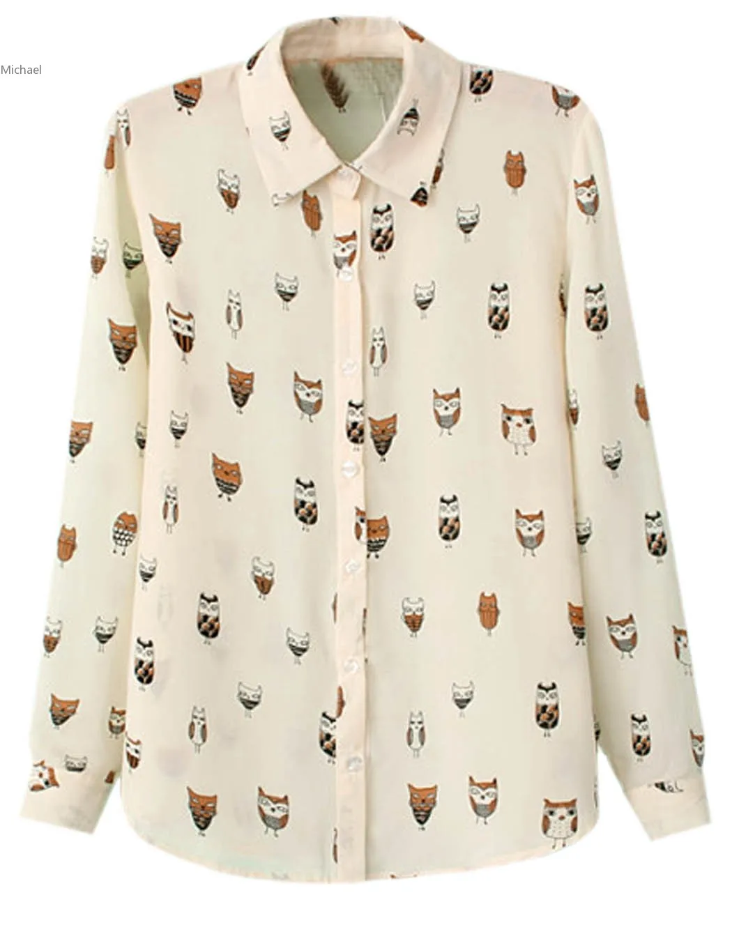 Apricot Color Work Wear Women Owl Print Shirt Chiffon Blusas Femininas
