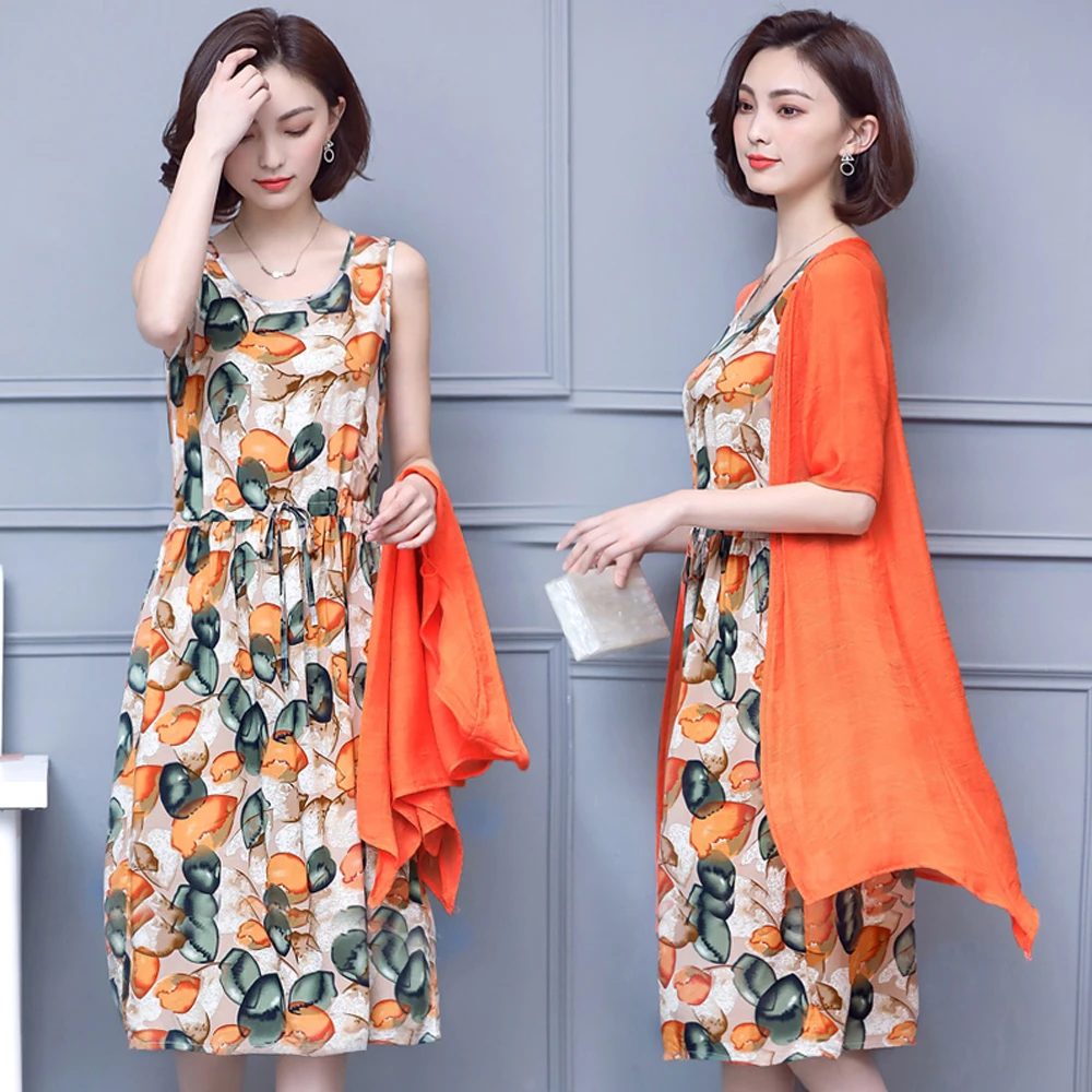 

Spring and summer new style Vest skirt + cardigan dress two-piece suit Medium and long cotton and linen dress