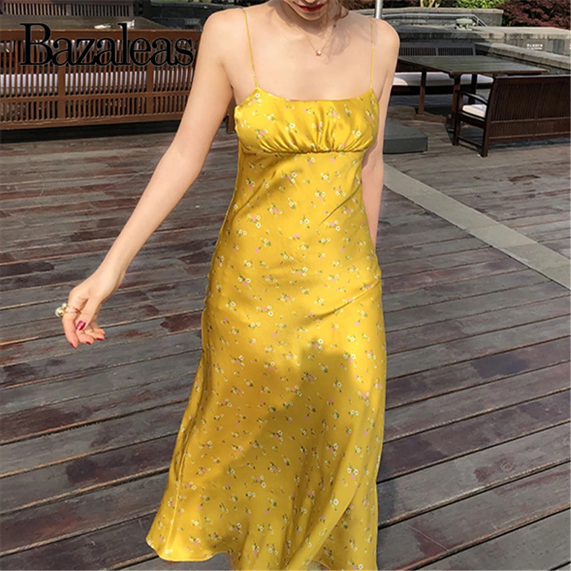 

Slim Yellow Floral Print Satin vestidos Like silk 2019 Spaghetti straps Midi Dressfemale summer Dress drop ship